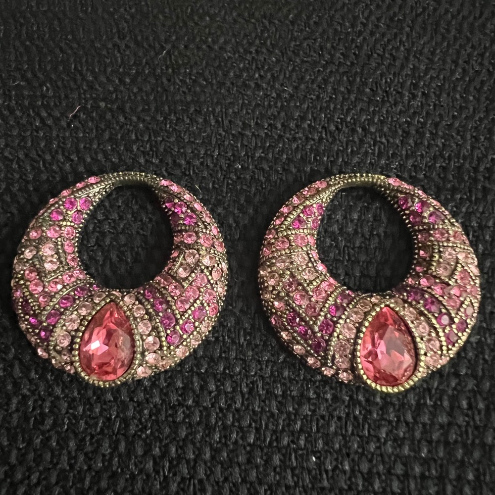 Heidi Daus Pink Crystal Bronze Tone Earring Jackets Only of changeable Set 1.25"